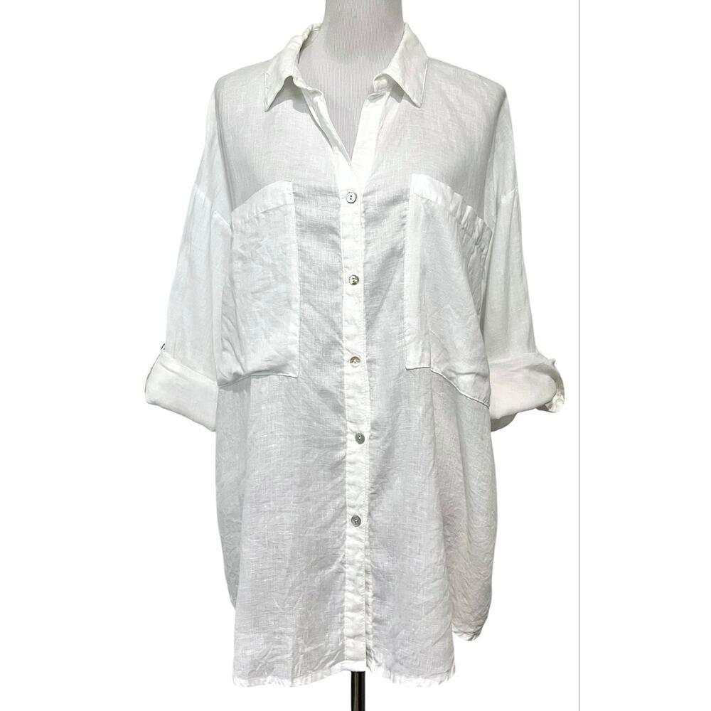 MAGASCHONI Women’s 100% Linen Top White Button Front Long Sleeve Blouse Sz L